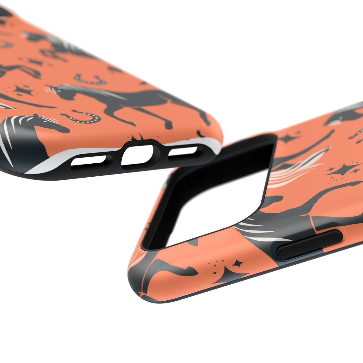 Horse Pattern Magnetic Impact-Resistant Phone Case — Black Horses & Horseshoes on Coral