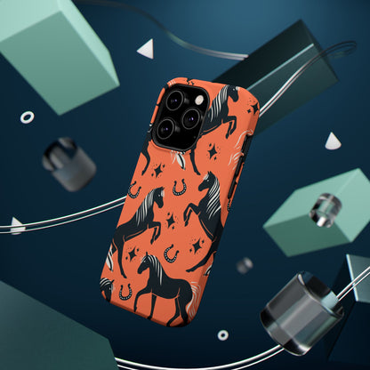 Horse Pattern Magnetic Impact-Resistant Phone Case — Black Horses & Horseshoes on Coral