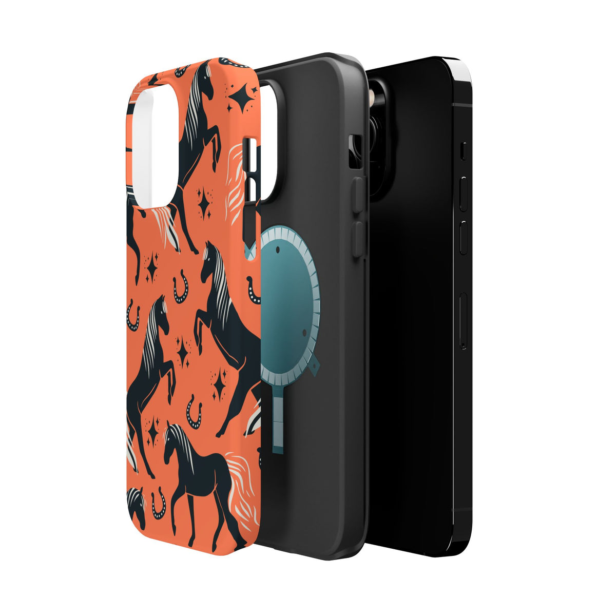 Horse Pattern Magnetic Impact-Resistant Phone Case — Black Horses & Horseshoes on Coral
