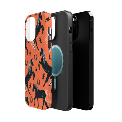 Horse Pattern Magnetic Impact-Resistant Phone Case — Black Horses & Horseshoes on Coral