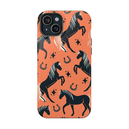 Horse Pattern Magnetic Impact-Resistant Phone Case — Black Horses & Horseshoes on Coral