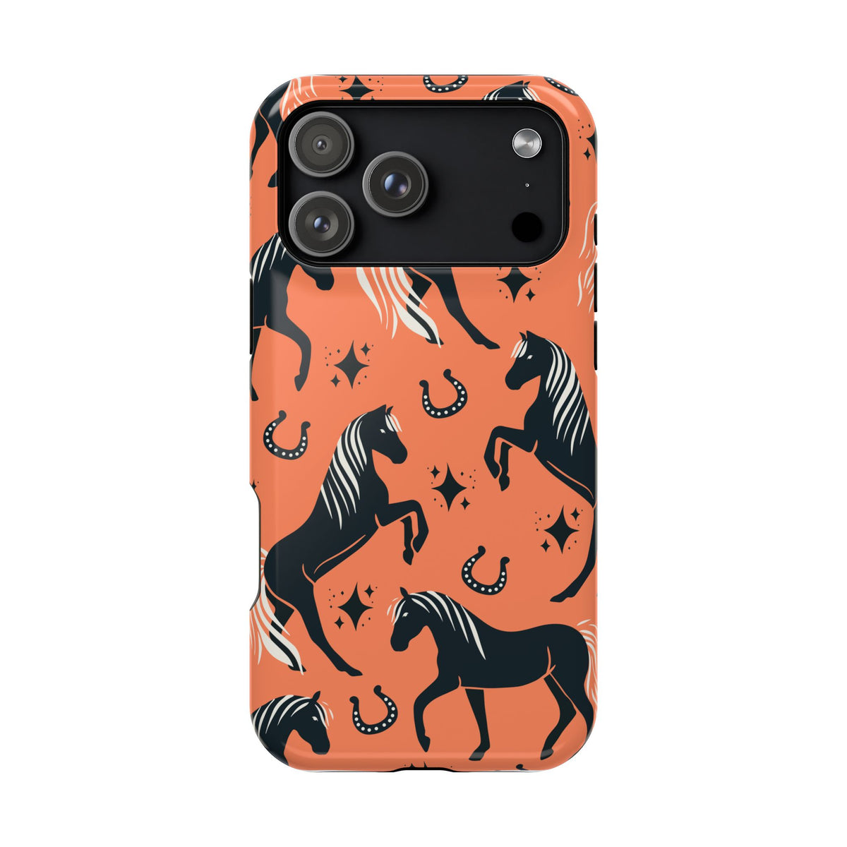 Horse Pattern Magnetic Impact-Resistant Phone Case — Black Horses & Horseshoes on Coral
