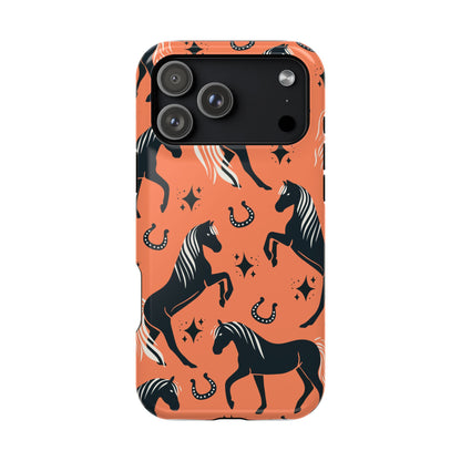 Horse Pattern Magnetic Impact-Resistant Phone Case — Black Horses & Horseshoes on Coral