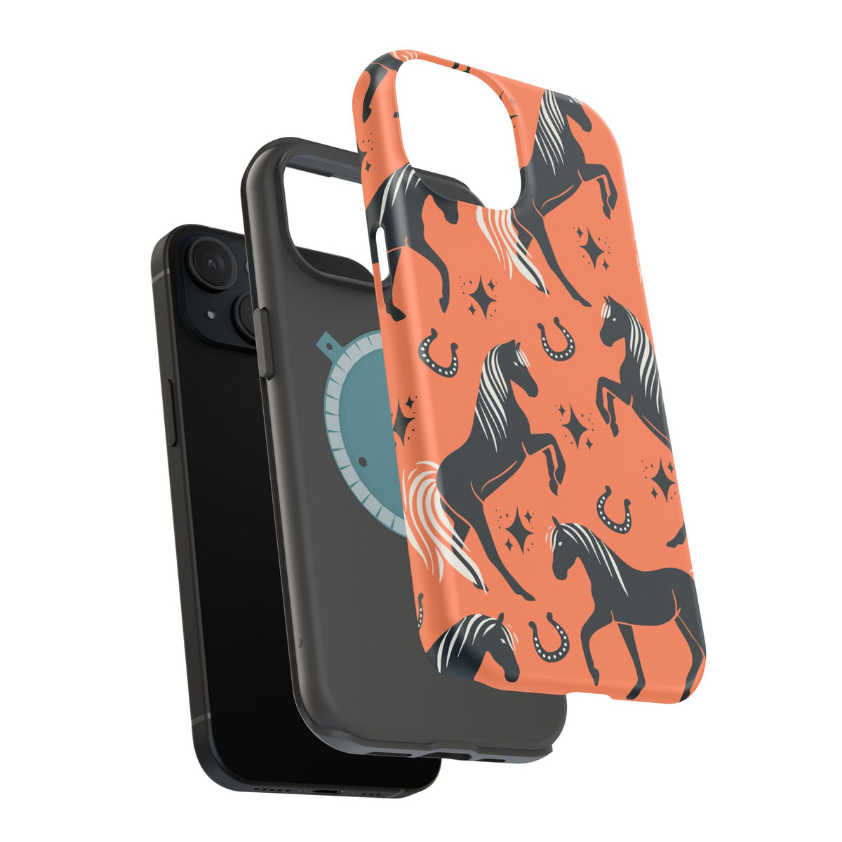 Horse Pattern Magnetic Impact-Resistant Phone Case — Black Horses & Horseshoes on Coral