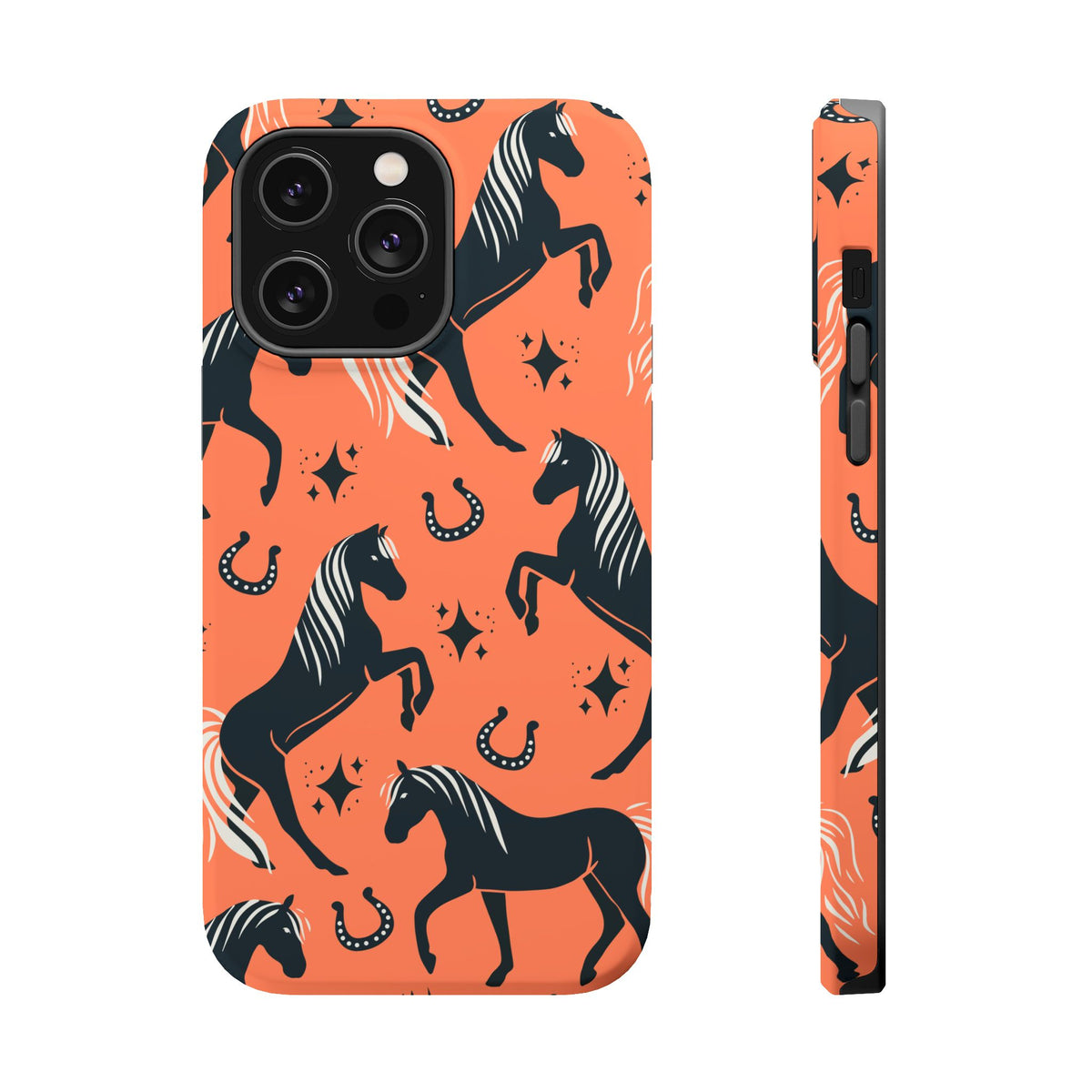 Horse Pattern Magnetic Impact-Resistant Phone Case — Black Horses & Horseshoes on Coral
