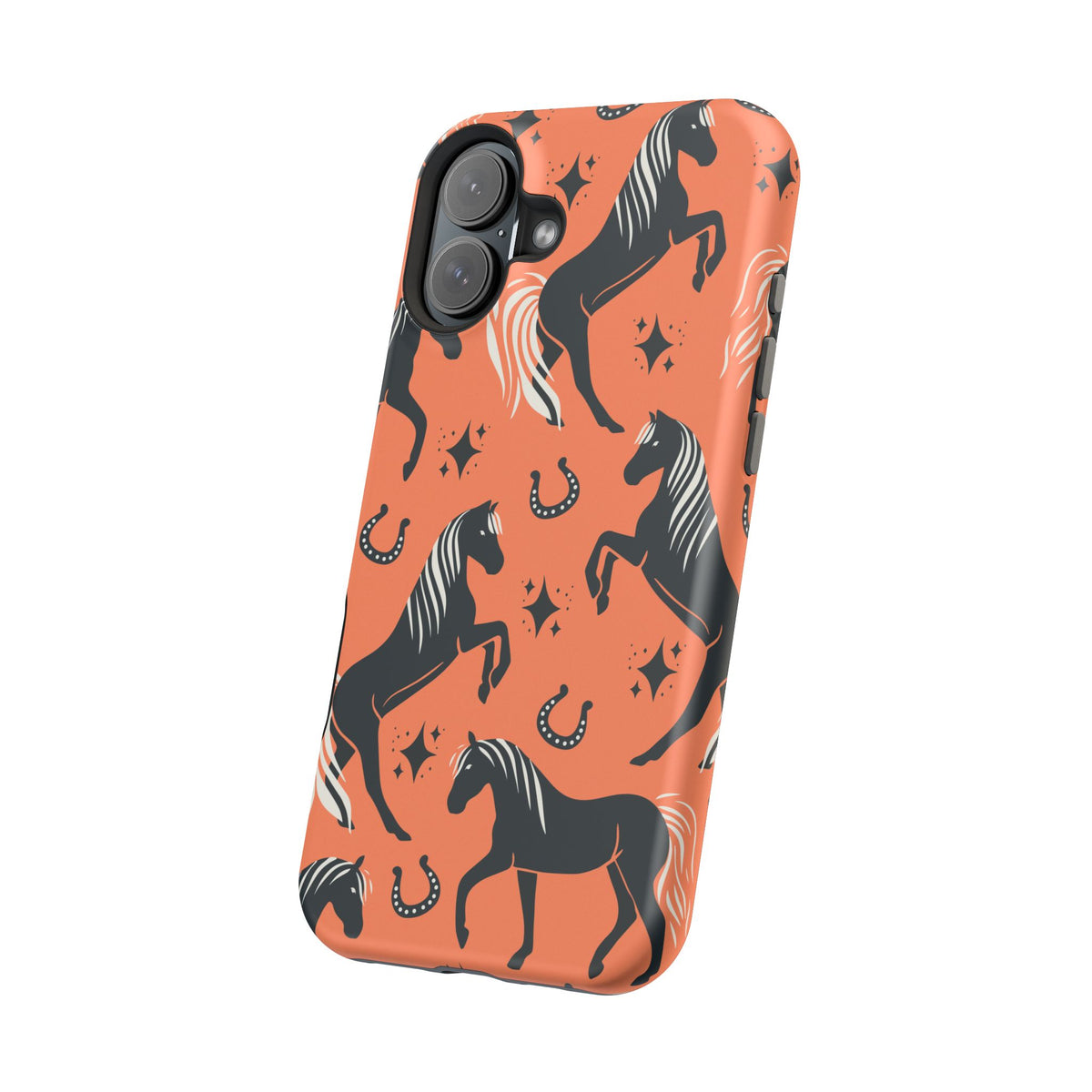 Horse Pattern Magnetic Impact-Resistant Phone Case — Black Horses & Horseshoes on Coral