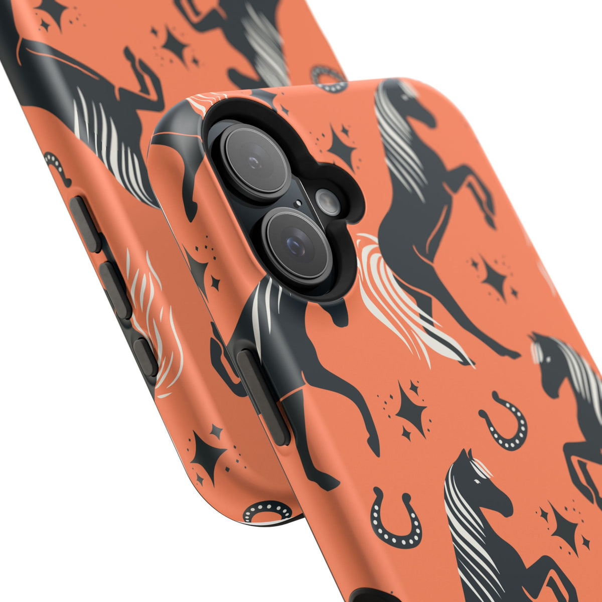 Horse Pattern Magnetic Impact-Resistant Phone Case — Black Horses & Horseshoes on Coral
