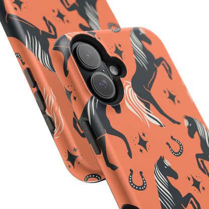 Horse Pattern Magnetic Impact-Resistant Phone Case — Black Horses & Horseshoes on Coral