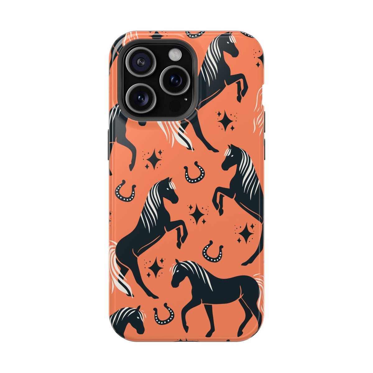 Horse Pattern Magnetic Impact-Resistant Phone Case — Black Horses & Horseshoes on Coral