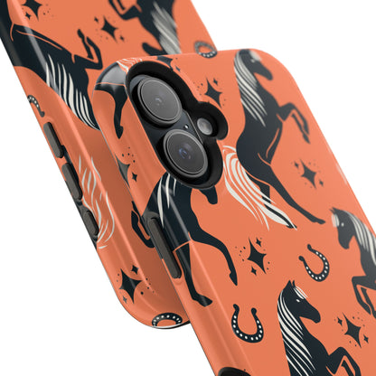 Horse Pattern Magnetic Impact-Resistant Phone Case — Black Horses & Horseshoes on Coral