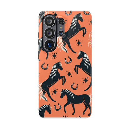 Horse Pattern Magnetic Impact-Resistant Phone Case — Black Horses & Horseshoes on Coral