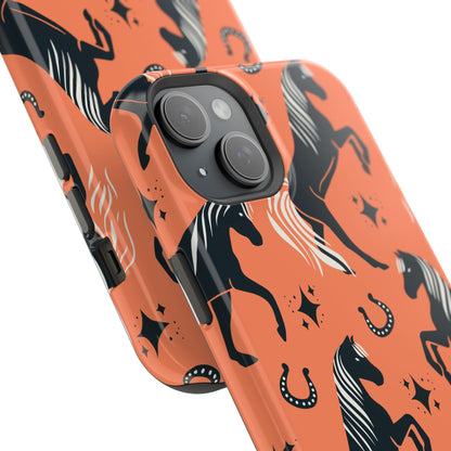 Horse Pattern Magnetic Impact-Resistant Phone Case — Black Horses & Horseshoes on Coral