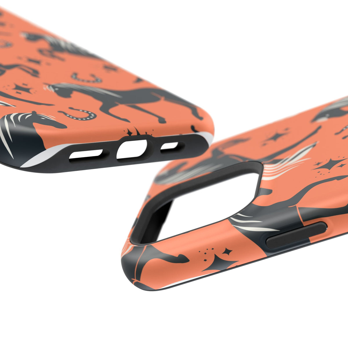 Horse Pattern Magnetic Impact-Resistant Phone Case — Black Horses & Horseshoes on Coral