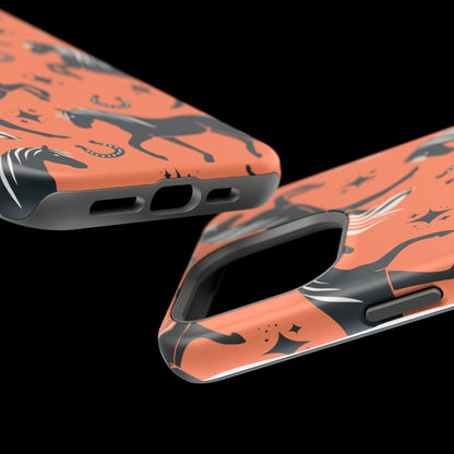 Horse Pattern Magnetic Impact-Resistant Phone Case — Black Horses & Horseshoes on Coral