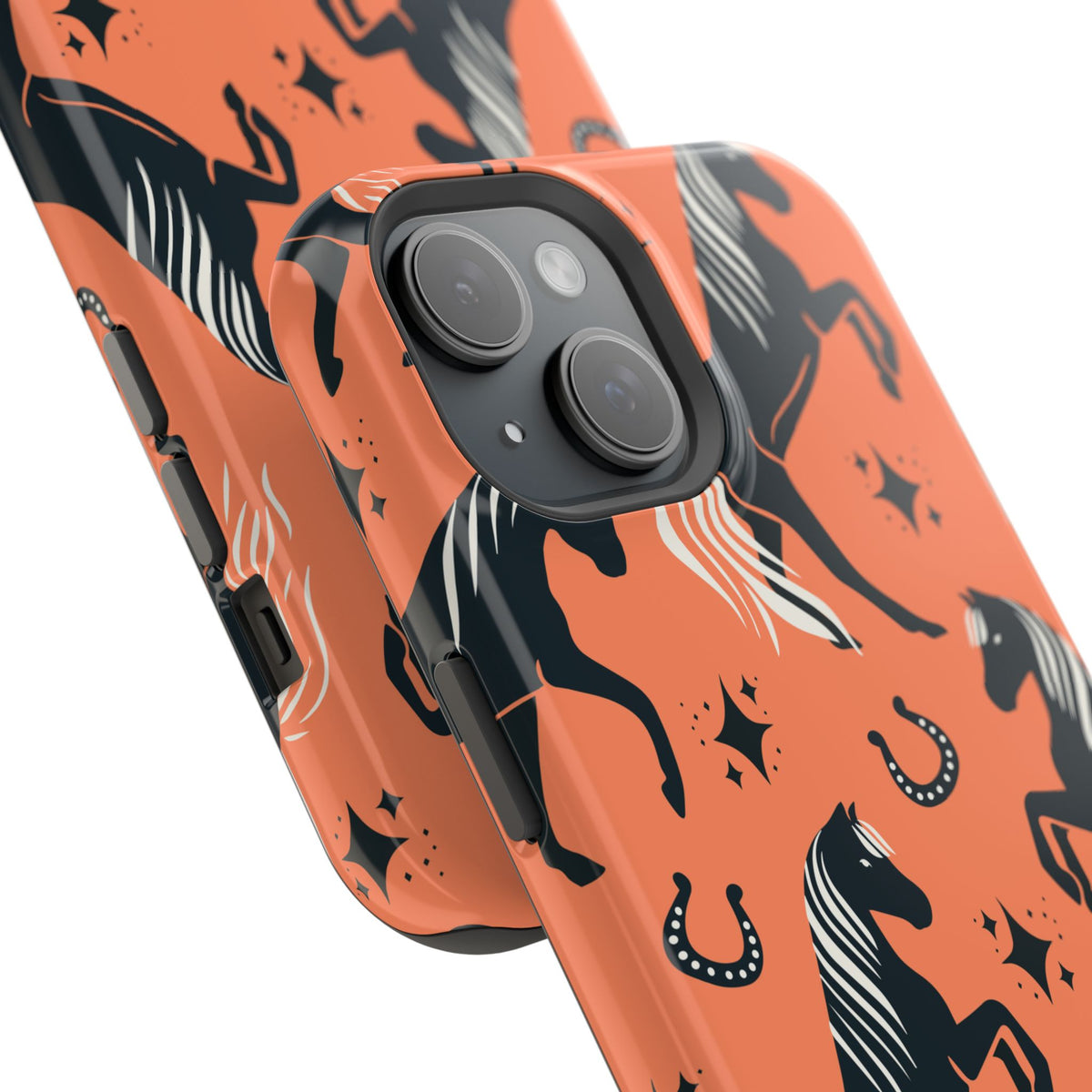Horse Pattern Magnetic Impact-Resistant Phone Case — Black Horses & Horseshoes on Coral