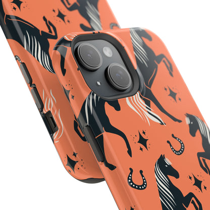 Horse Pattern Magnetic Impact-Resistant Phone Case — Black Horses & Horseshoes on Coral