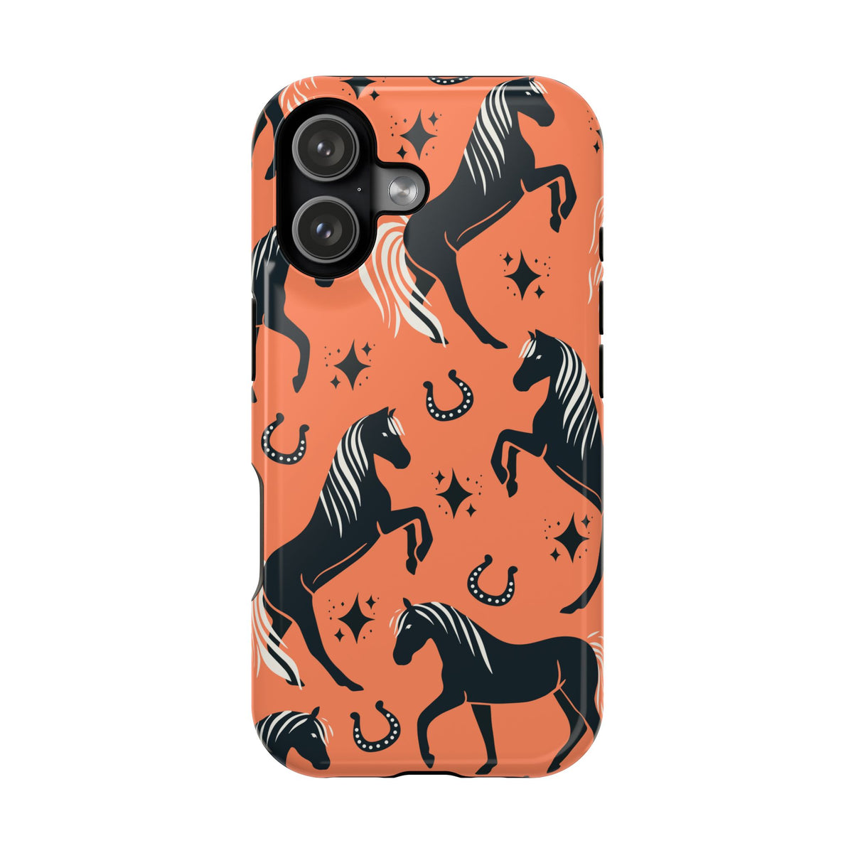 Horse Pattern Magnetic Impact-Resistant Phone Case — Black Horses & Horseshoes on Coral
