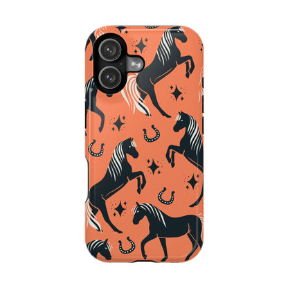 Horse Pattern Magnetic Impact-Resistant Phone Case — Black Horses & Horseshoes on Coral
