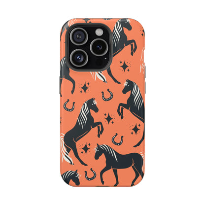 Horse Pattern Magnetic Impact-Resistant Phone Case — Black Horses & Horseshoes on Coral