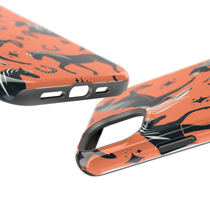 Horse Pattern Magnetic Impact-Resistant Phone Case — Black Horses & Horseshoes on Coral