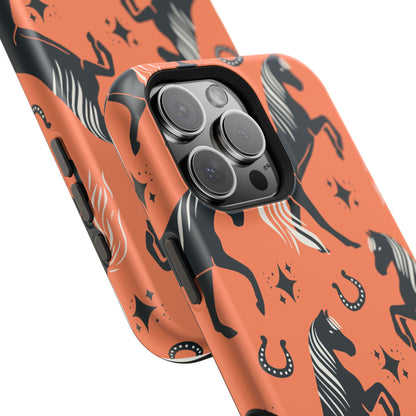 Horse Pattern Magnetic Impact-Resistant Phone Case — Black Horses & Horseshoes on Coral