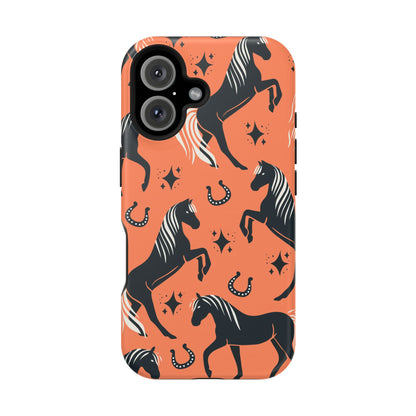 Horse Pattern Magnetic Impact-Resistant Phone Case — Black Horses & Horseshoes on Coral