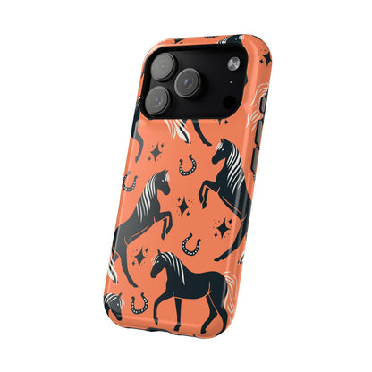 Horse Pattern Magnetic Impact-Resistant Phone Case — Black Horses & Horseshoes on Coral
