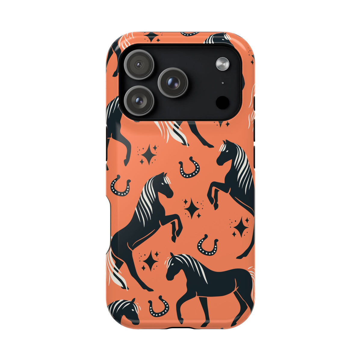 Horse Pattern Magnetic Impact-Resistant Phone Case — Black Horses & Horseshoes on Coral