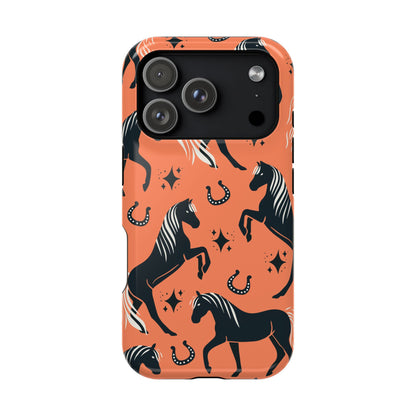 Horse Pattern Magnetic Impact-Resistant Phone Case — Black Horses & Horseshoes on Coral