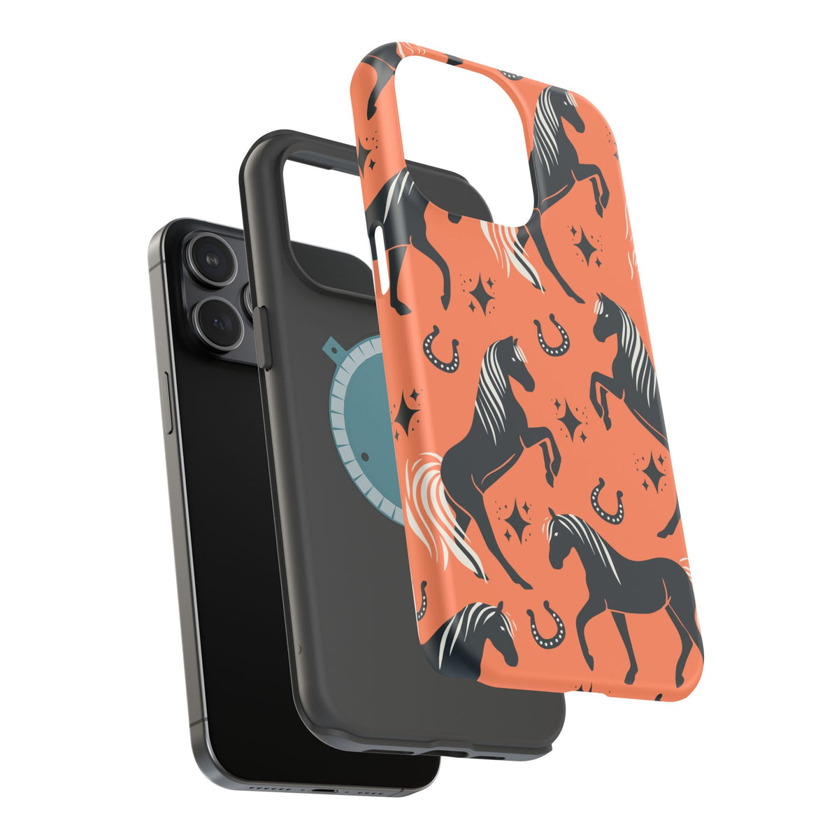 Horse Pattern Magnetic Impact-Resistant Phone Case — Black Horses & Horseshoes on Coral