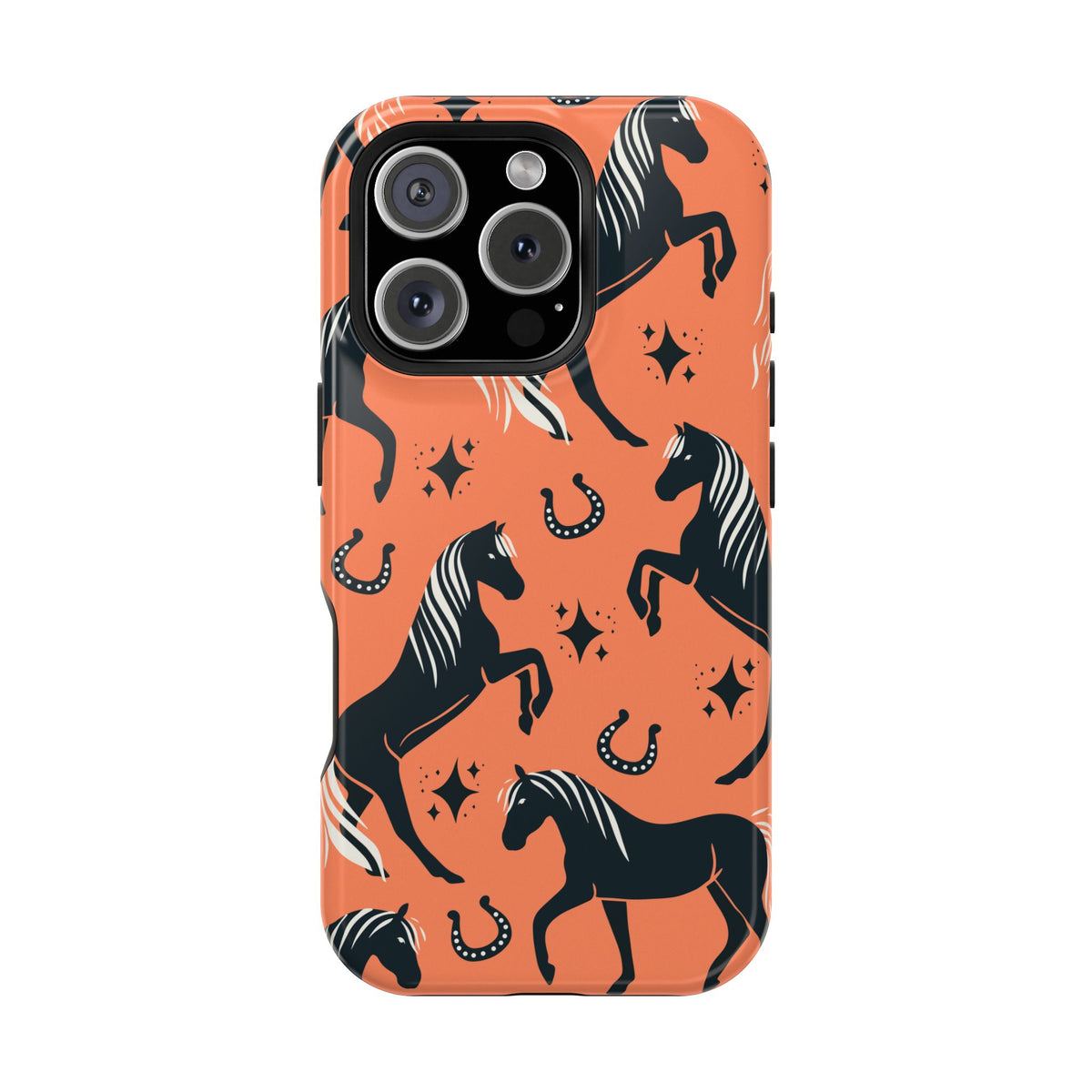 Horse Pattern Magnetic Impact-Resistant Phone Case — Black Horses & Horseshoes on Coral