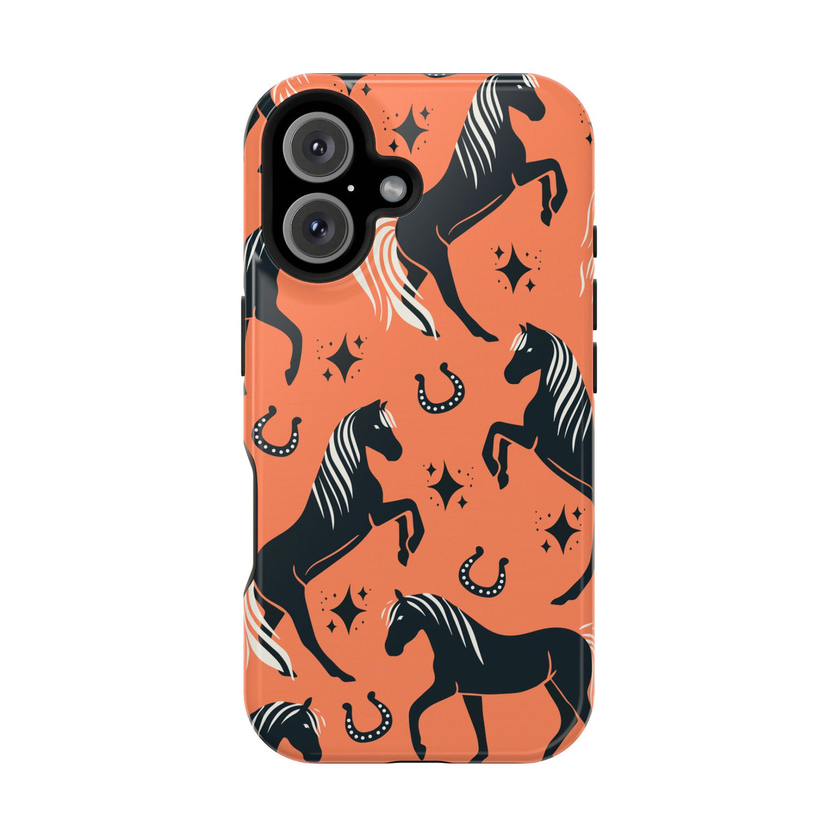 Horse Pattern Magnetic Impact-Resistant Phone Case — Black Horses & Horseshoes on Coral