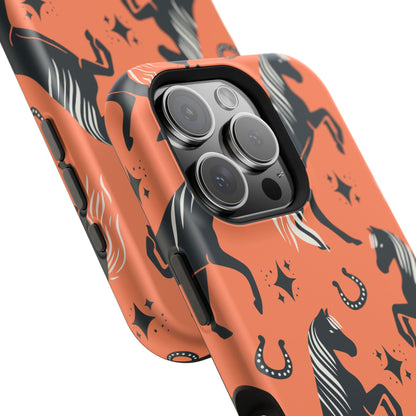 Horse Pattern Magnetic Impact-Resistant Phone Case — Black Horses & Horseshoes on Coral