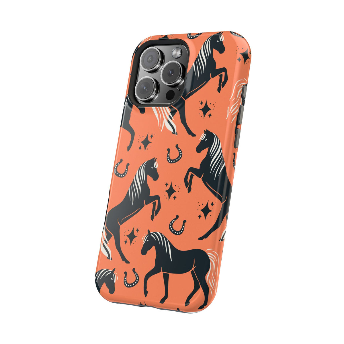 Horse Pattern Magnetic Impact-Resistant Phone Case — Black Horses & Horseshoes on Coral