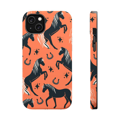 Horse Pattern Magnetic Impact-Resistant Phone Case — Black Horses & Horseshoes on Coral