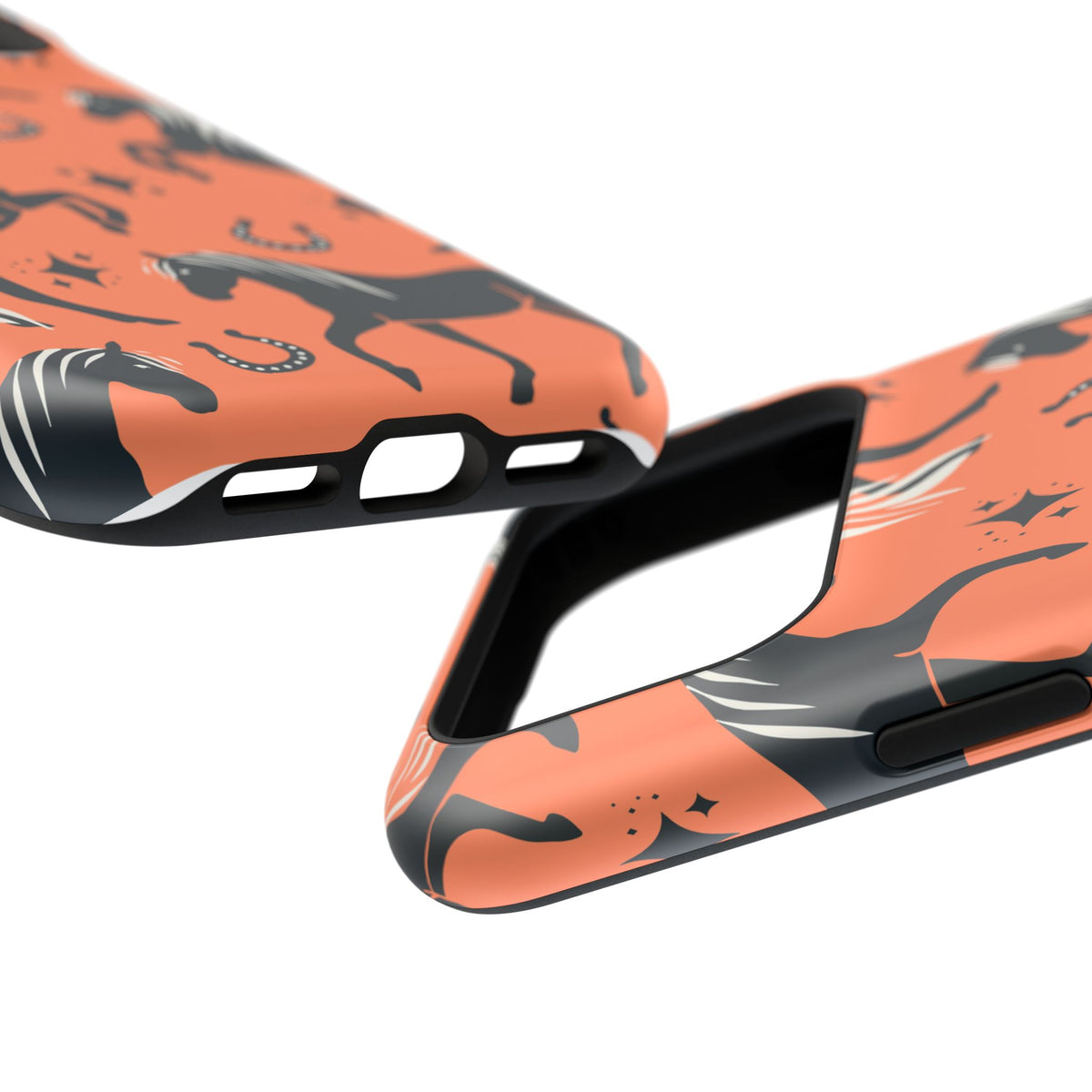 Horse Pattern Magnetic Impact-Resistant Phone Case — Black Horses & Horseshoes on Coral