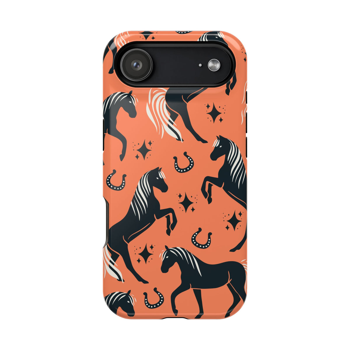 Horse Pattern Magnetic Impact-Resistant Phone Case — Black Horses & Horseshoes on Coral
