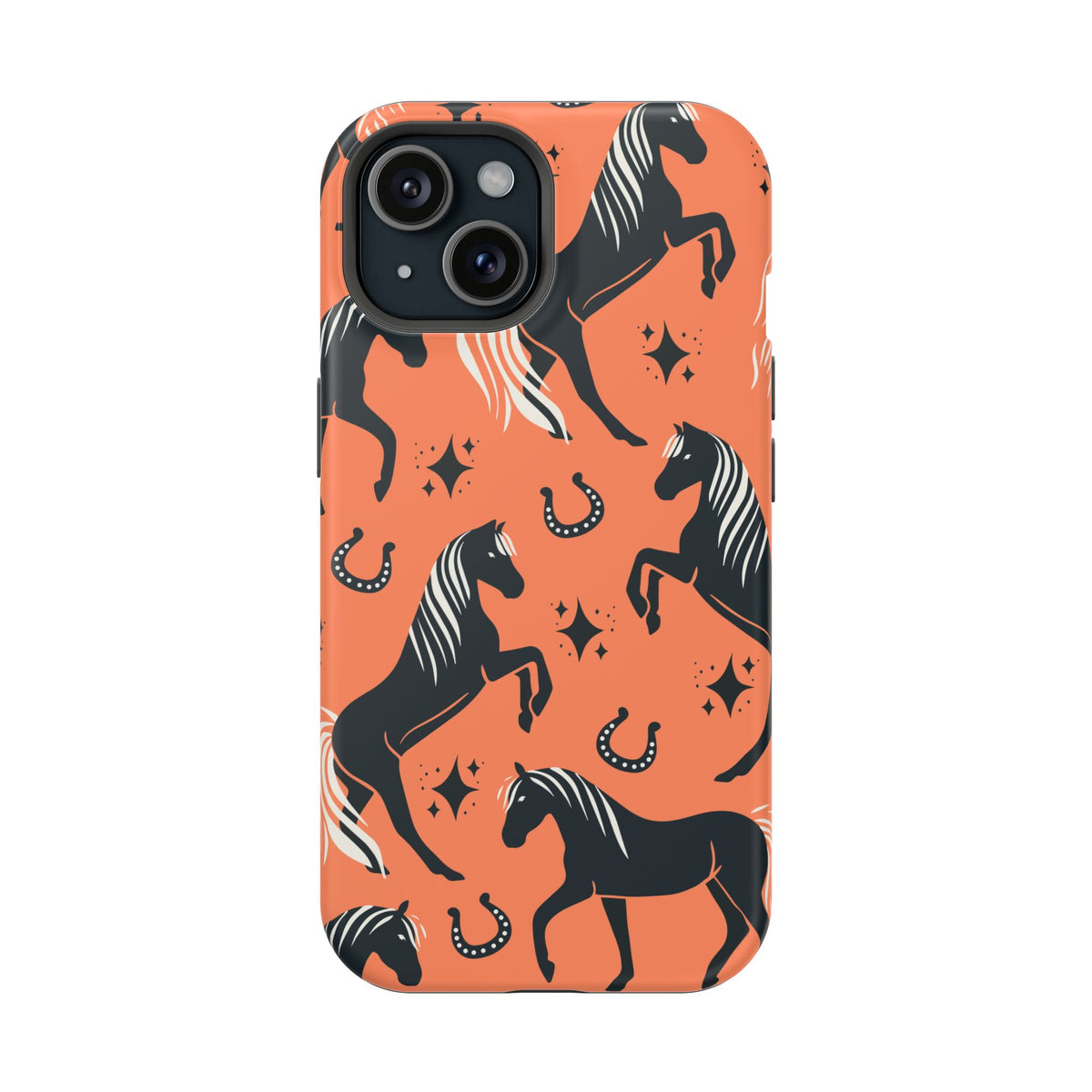 Horse Pattern Magnetic Impact-Resistant Phone Case — Black Horses & Horseshoes on Coral