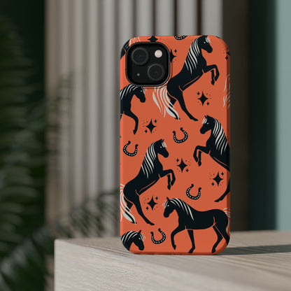 Horse Pattern Magnetic Impact-Resistant Phone Case — Black Horses & Horseshoes on Coral
