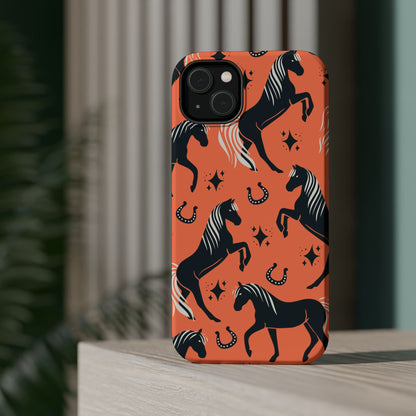 Horse Pattern Magnetic Impact-Resistant Phone Case — Black Horses & Horseshoes on Coral