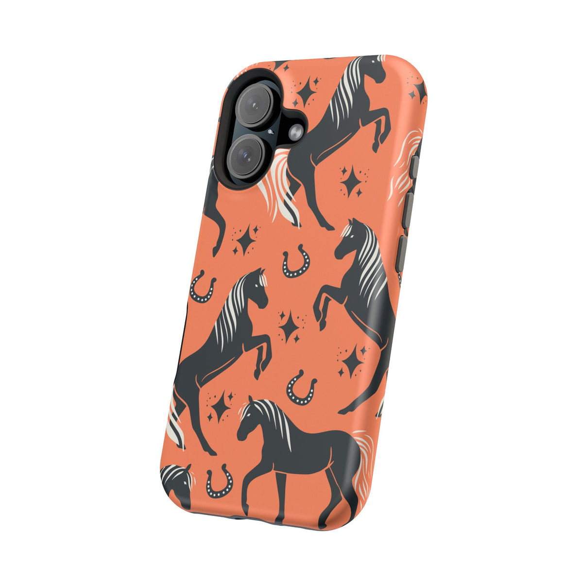 Horse Pattern Magnetic Impact-Resistant Phone Case — Black Horses & Horseshoes on Coral