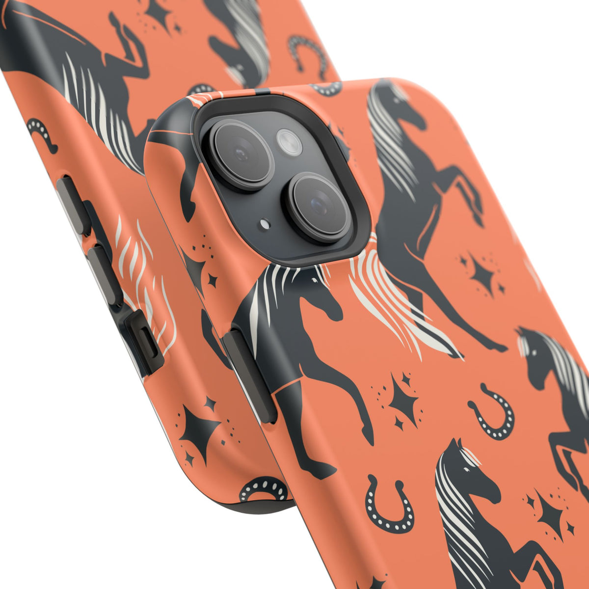 Horse Pattern Magnetic Impact-Resistant Phone Case — Black Horses & Horseshoes on Coral