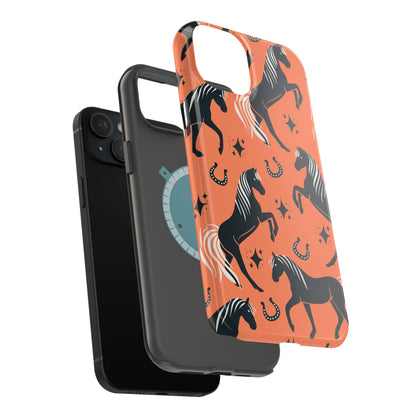 Horse Pattern Magnetic Impact-Resistant Phone Case — Black Horses & Horseshoes on Coral