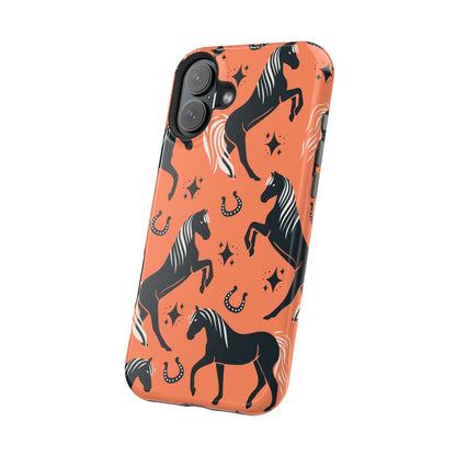 Horse Pattern Magnetic Impact-Resistant Phone Case — Black Horses & Horseshoes on Coral