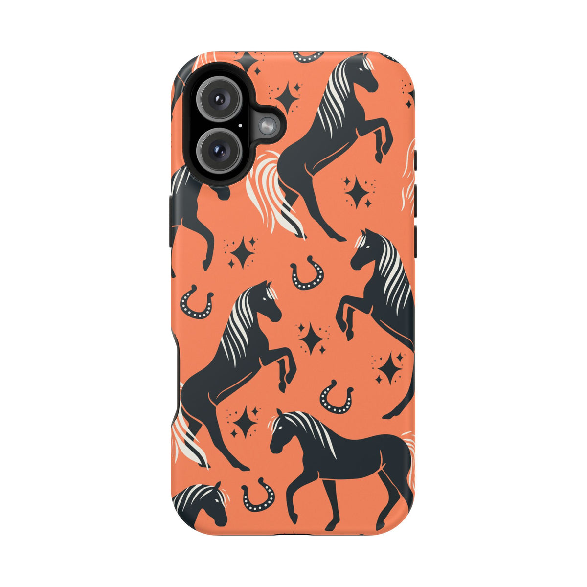 Horse Pattern Magnetic Impact-Resistant Phone Case — Black Horses & Horseshoes on Coral