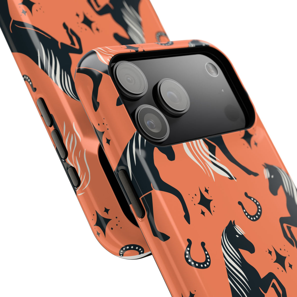 Horse Pattern Magnetic Impact-Resistant Phone Case — Black Horses & Horseshoes on Coral