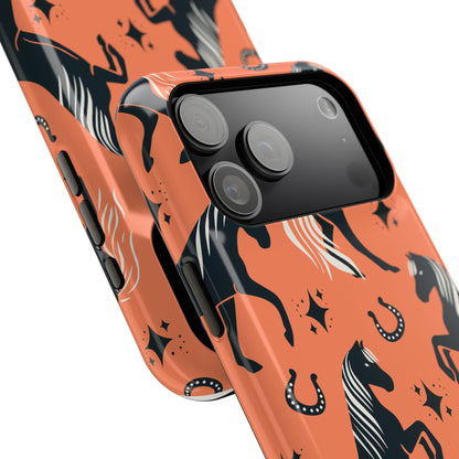 Horse Pattern Magnetic Impact-Resistant Phone Case — Black Horses & Horseshoes on Coral