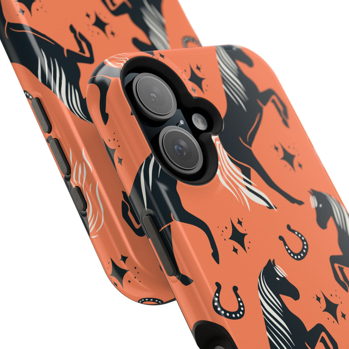 Horse Pattern Magnetic Impact-Resistant Phone Case — Black Horses & Horseshoes on Coral