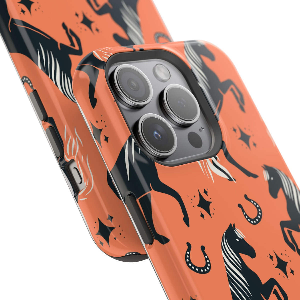 Horse Pattern Magnetic Impact-Resistant Phone Case — Black Horses & Horseshoes on Coral