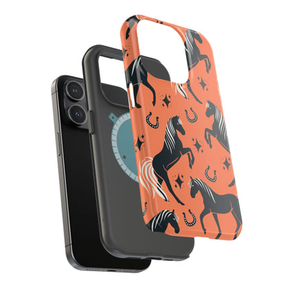 Horse Pattern Magnetic Impact-Resistant Phone Case — Black Horses & Horseshoes on Coral